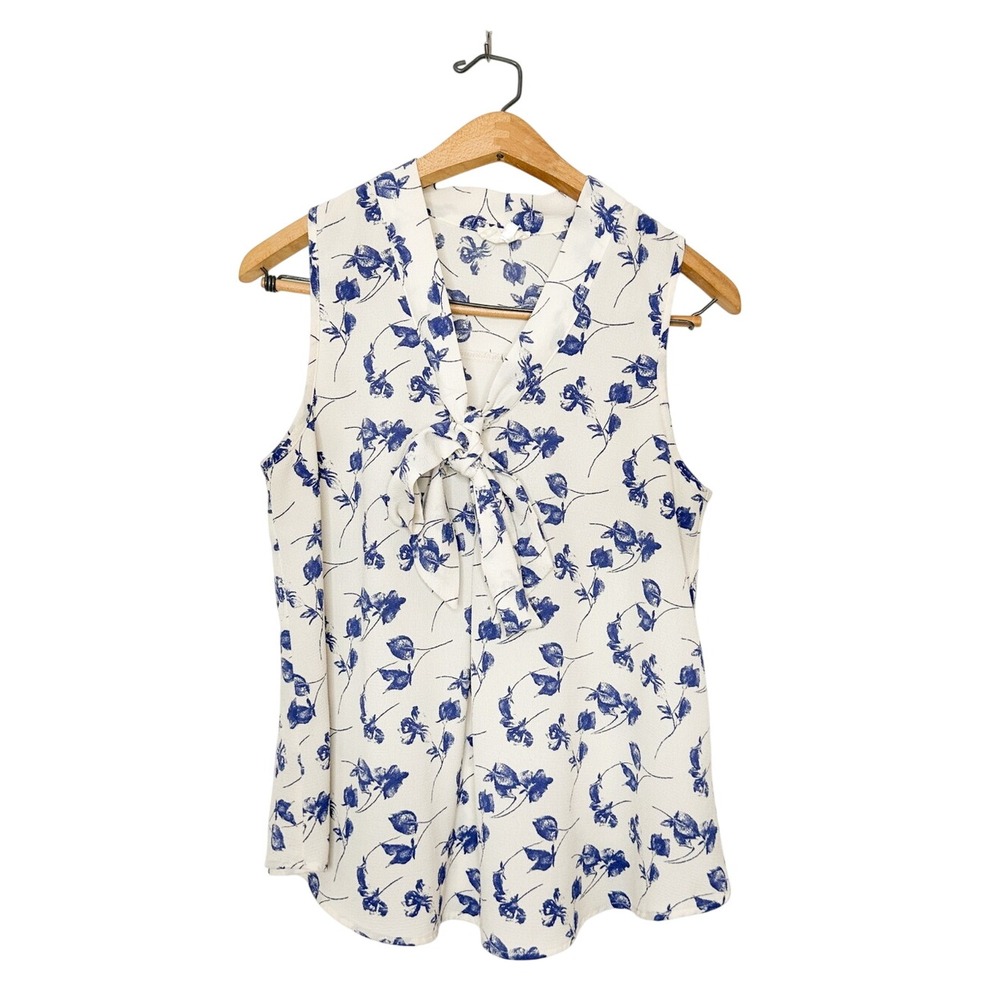 Ember Sleeveless Floral Print Tie Front Blouse Blue White Medium M